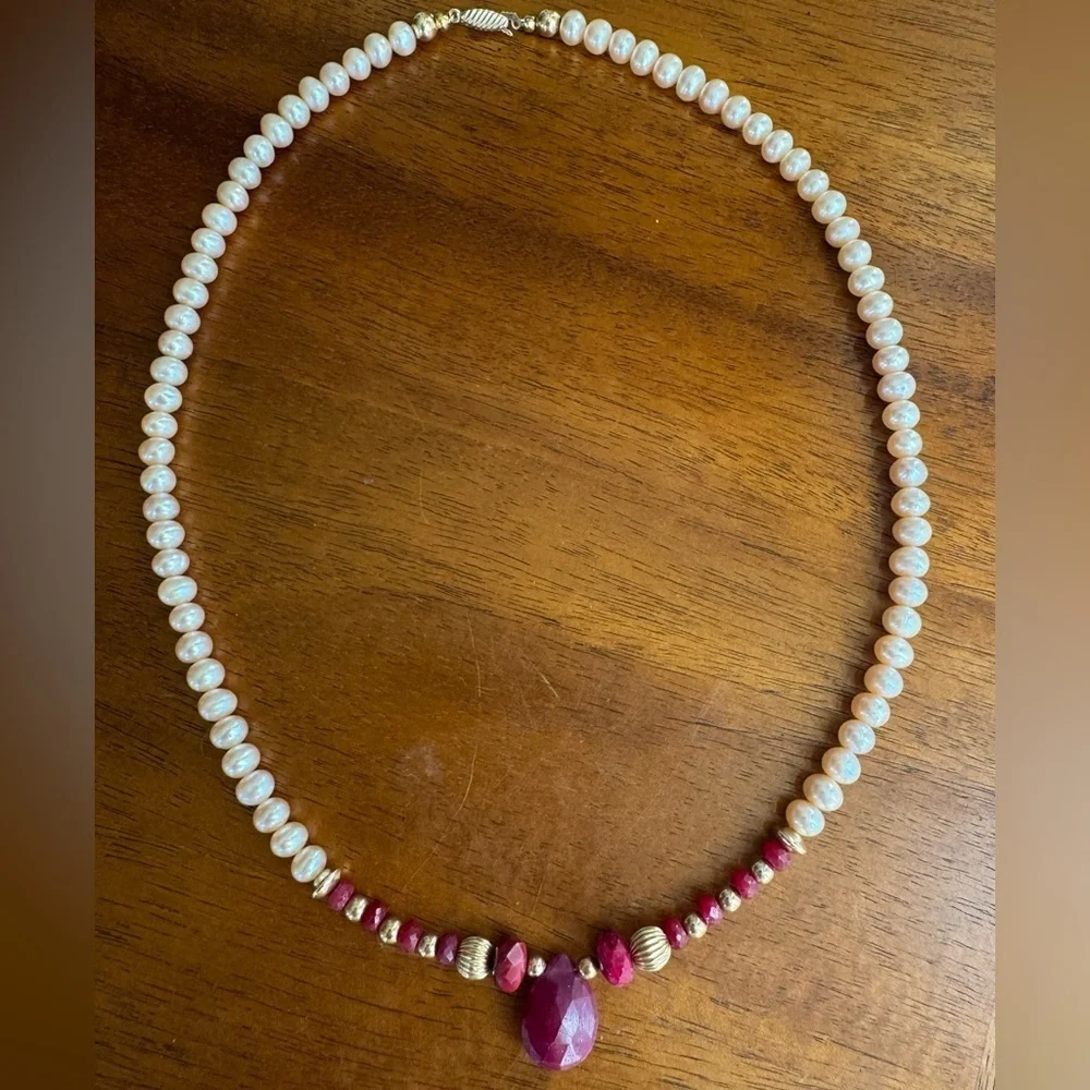 14k Gold Filled Lab Ruby Champagne Freshwater Pearl Necklace